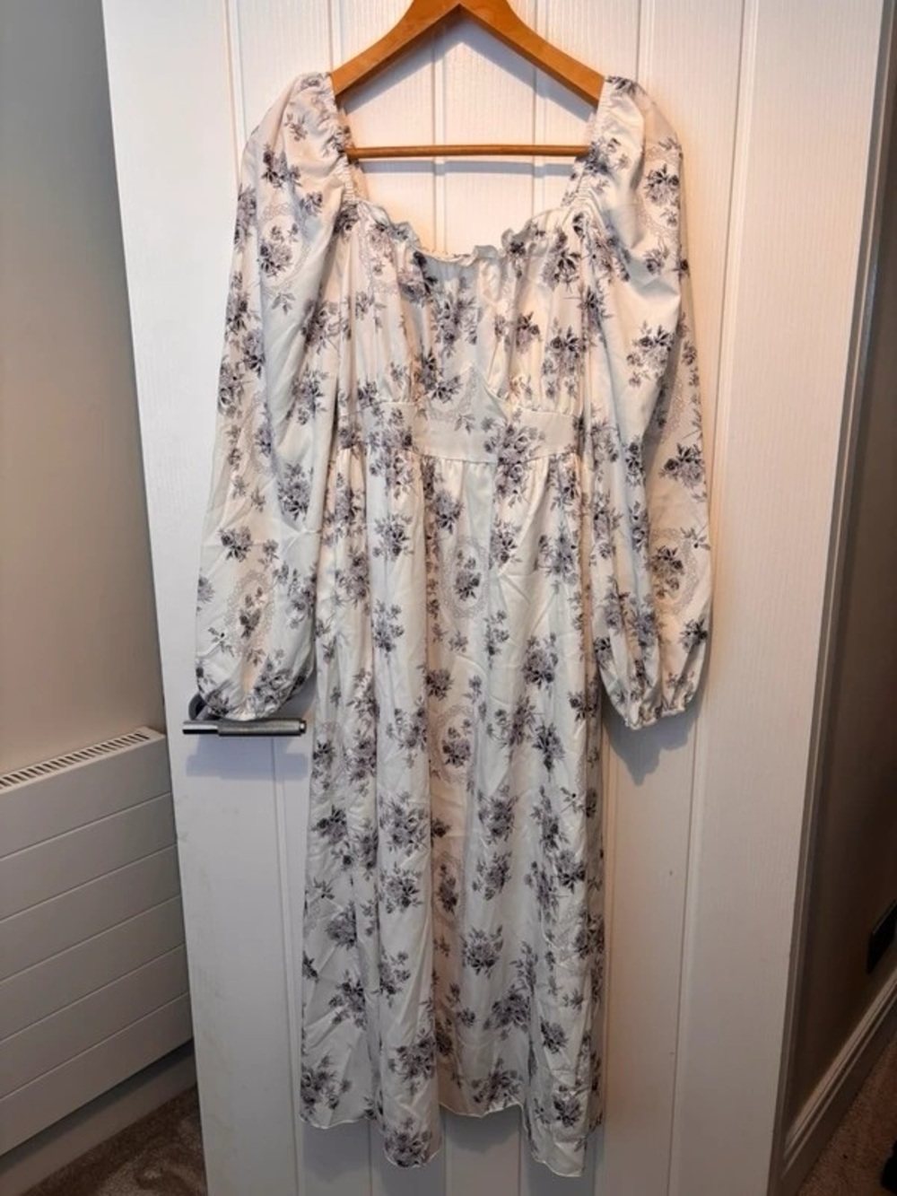 Cream Floral Midi Dress with Smocked Bodice